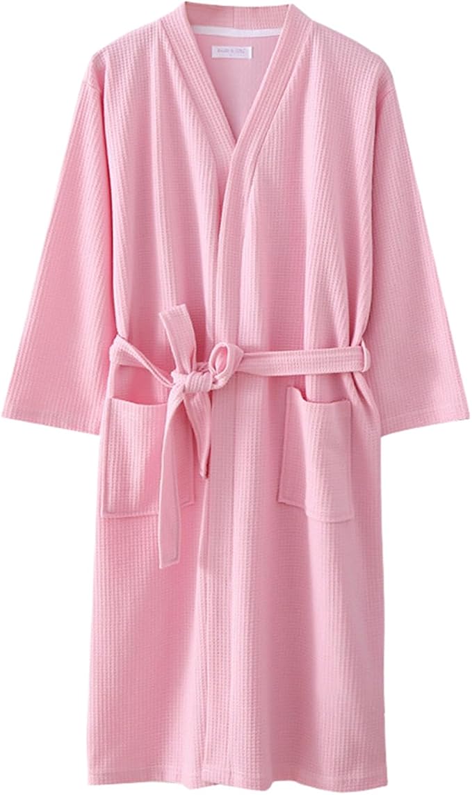 Waffle Bathrobe for Women Men, 3/4 Sleeve/Short Sleeve Kimono Robes, 100% Cotton, Lightweight, Soft Absorbent & Quick Dry
