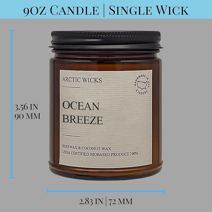 Arctic Wicks Scented Coconut Beeswax Candles | Coconut Beeswax Non Toxic Candle 9oz Amber | Farmhouse Candles Non-Toxic Clean Burn 100% USDA Certified Biobased (Ocean Breeze)