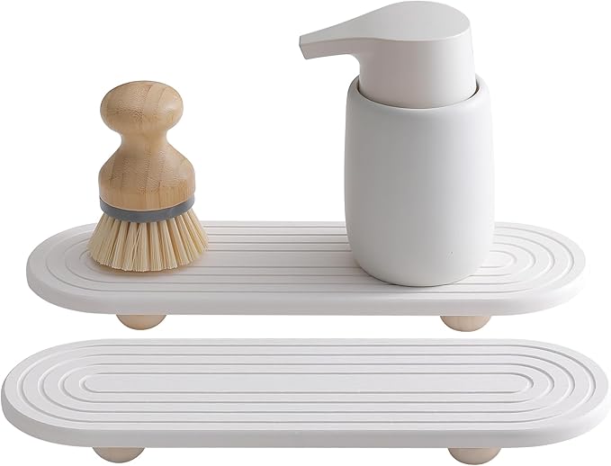 2PCS Water Absorbing Stone Tray for Sink, Quick Drying Diatomite Bathroom Tray Countertop, Stone Drying Mat for Kitchen Counter Faucet, Soap Dish Dispenser Vanity Organizer, White-11.8" x 4"