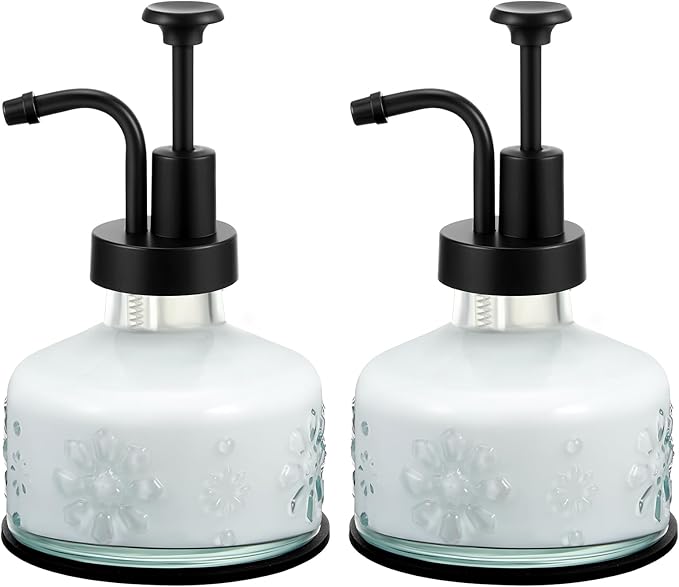 Tioncy 2 Pcs Antique Soap Dispenser Kitchen Bathroom Countertop Glass Soap Pump Dispenser Refillable Rustic Small Liquid Container with Non Slip Silicone Coaster(Clear)
