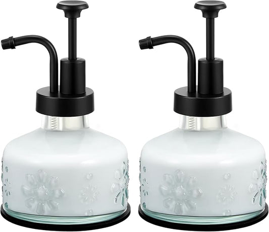 Tioncy 2 Pcs Antique Soap Dispenser Kitchen Bathroom Countertop Glass Soap Pump Dispenser Refillable Rustic Small Liquid Container with Non Slip Silicone Coaster(Clear)