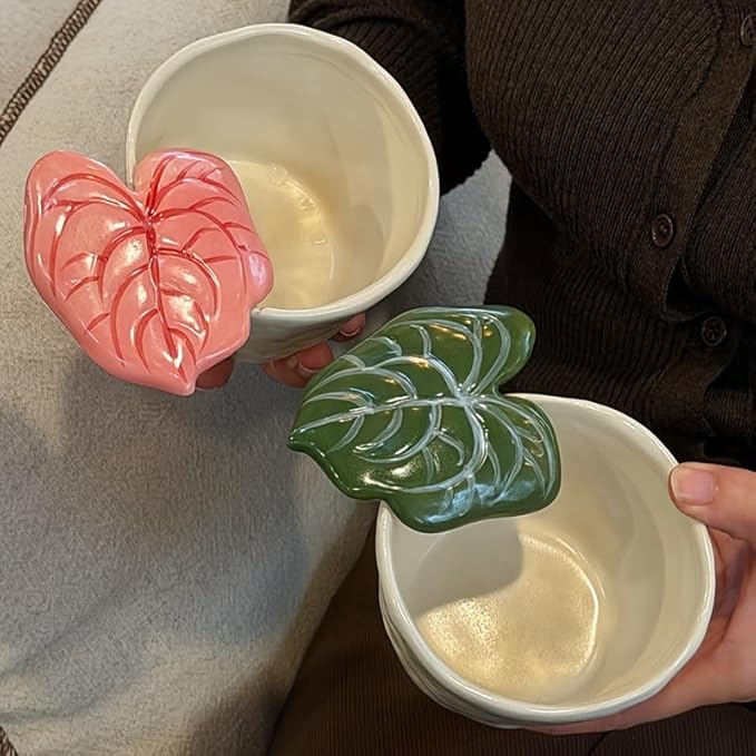 7oz Hand-Painted Leaf Handle Ceramic Coffee Mug, Microwave Dishwasher Safe Tea Cup for Women, Gift for Birthday Christmas Housewarming, Green