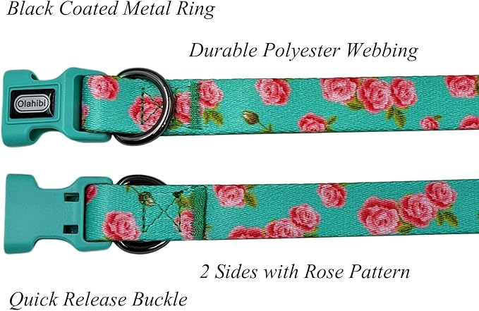 Dog Collar Leash Set, Floral Pattern, Polyester Material, Adjustable Collar and 5ft Matching Leash, for Large Dogs.(L, Green Rose)