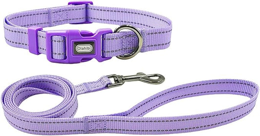 Dog Collar Leash Set, Durable Polyester with Reflective Strips, 5ft Matching Leash, Adjustable 4 Sizes for Small Medium Large Dogs.(S, Purple)