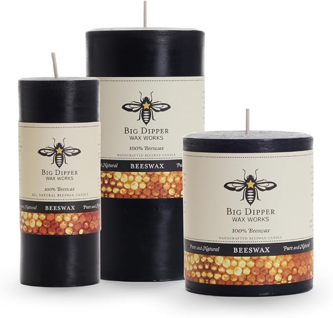 Big Dipper Wax Works Black Pillar Candle, 40-Hour Long Burn, Pure Beeswax Candle, 2" x 4.75”