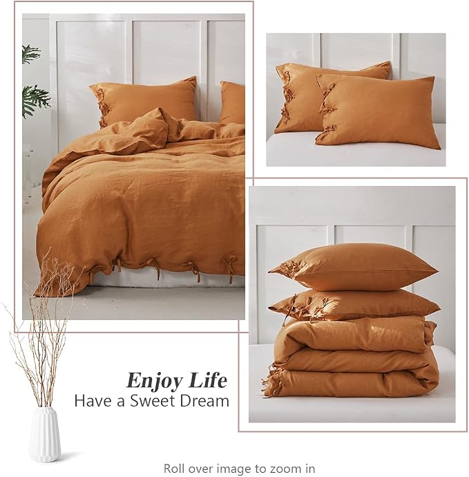 Simple&Opulence 100% Linen Duvet Cover Set 3pcs with Bowknot Ties Closure Natural French Washed Flax Solid Color Soft Breathable Farmhouse Bedding - Rust, Queen Size
