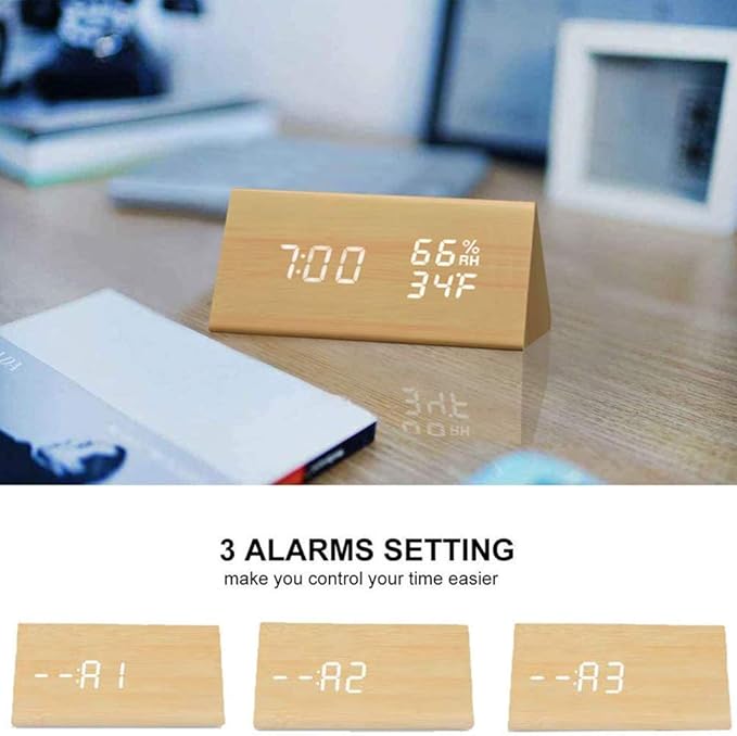 TOPINCN Digital Alarm Clock, Wooden Alarm Clock with Electronic LED Time Display, Humidity & Temperature Detect 3 Alarm Settings 3 Level Brightness Electric Clock for Bedroom