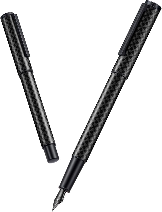 HONG DIAN Black Forest Pro Carbon Fiber Fountain Pen, Extra Fine Nib Modern Design Smooth Writing Pen with Converter and Metal Pen Case Set