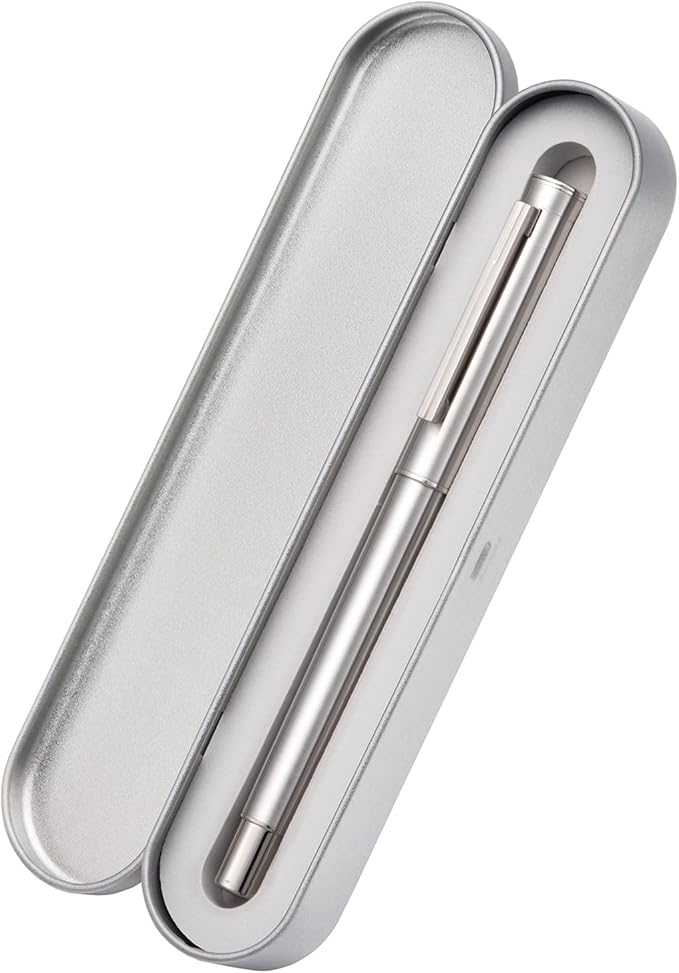 HONG DIAN Forest Pro Silver Stainless Steel Fountain Pen, Fine Nib Classic Design Consistent Writing Pen with Ink Refill Converter and Metal Pen Case Set