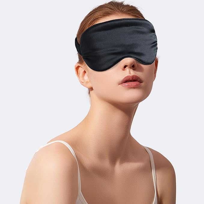 100% 22 Momme 6A Grade Double-Sided Pure Mulberry Silk Eye Mask Soft Breathable Sleep Blindfold with Elastic Headband for Men and Women Pack of 1 (Black)