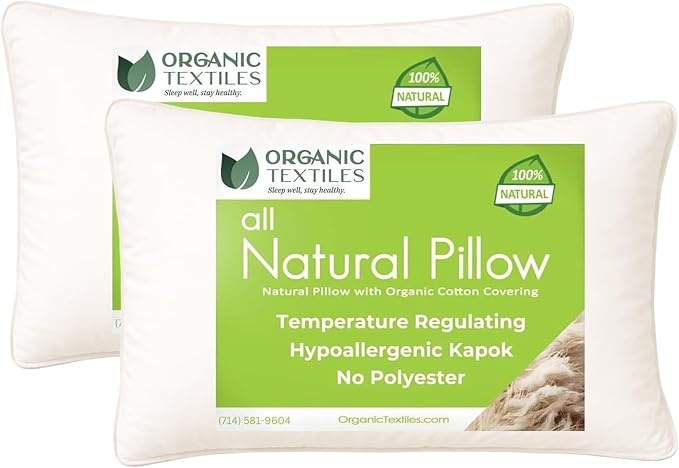 OrganicTextiles Kapok Pillows with Removable Organic Cotton Cover (Queen Size, 2-Pack), GOTS Certified, Bed Pillow for Sleeping, Neck Pain Relief Help, Head Support, for Side Back Stomach Sleeper