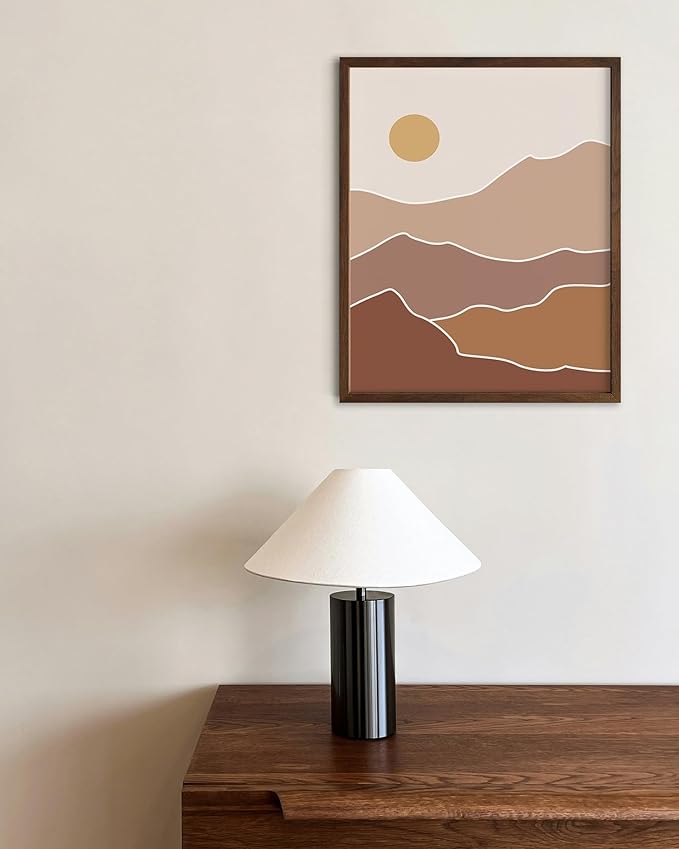 Abstract Mountain Landscape Wall Art Sun Rolling Hills Earth Tones Terracotta Mid Century Modern 8x10 Inch Oak Wood Walnut Framed Minimalist Scenery Print for Nursery Decor