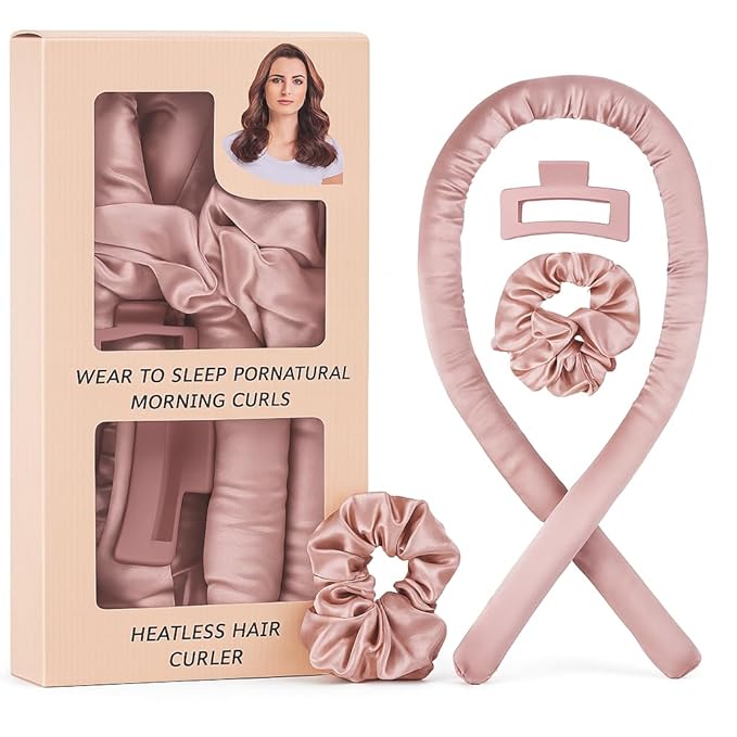 Heatless Hair Curler Set for Women - Satin No-Heat Curling Rod with 2 Scrunchies & Hair Clip, Overnight Heatless Curls for All Hair Types (Pink)