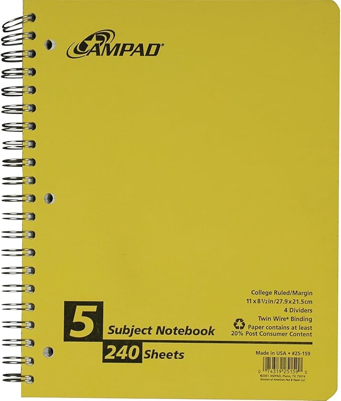 Earthwise by Oxford Recycled 5-Subject Notebook, 8-1/2" x 11", College Rule, 3-Hole Punched, 240 Sheets (25-159R)