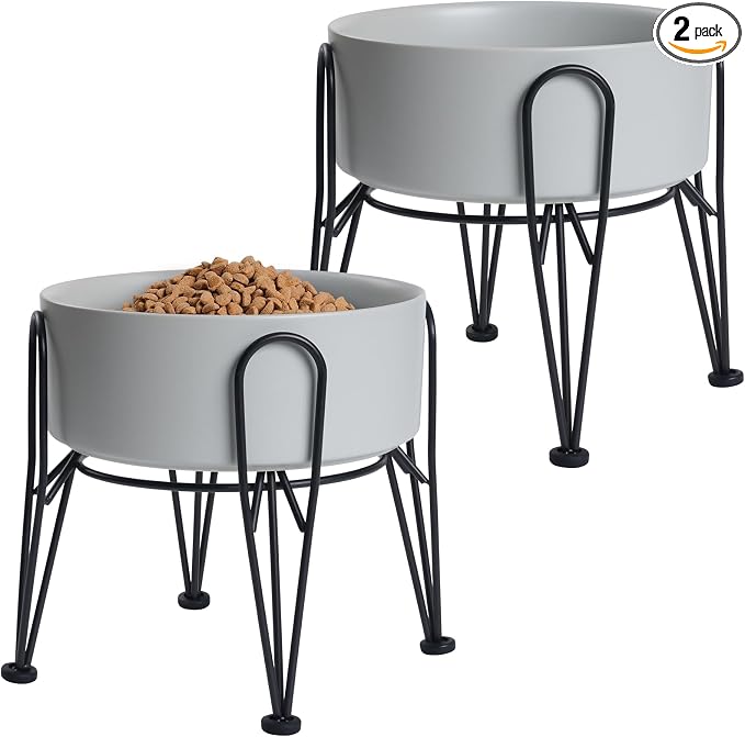 Elevated Dog Bowls, Ceramic Raised Dog Bowl Set with Anti-Slip and Non-Tip Metal Stand, 2 Pack Pet Food and Water Feeding Bowls for Small and Medium Dogs (Gray,7.6 Cups)