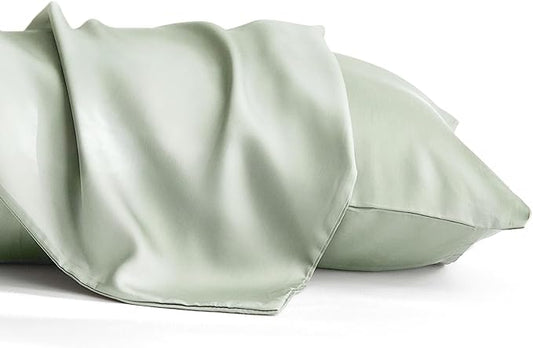 100% Lyocell Silk Pillowcase 2-Pc Tencel Pillowcases Silky Smooth Cooling Pillow Covers for Hot Sleepers 20x30 Inches (Green, 20x30in)