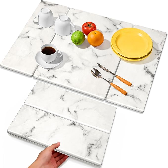 Large Stone Drying Mat for Kitchen Counter, Foldable Quick Dry Dish Drying Mat, 24"x16" Water Absorbent Diatomaceous Earth Mats for Bottles Cups Dishes, Modern Kitchen Essentials (White)