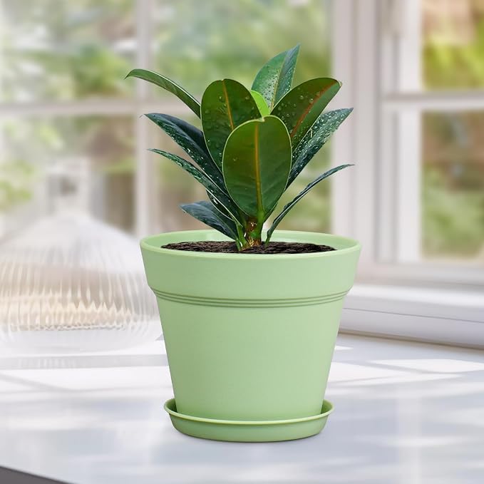 Meowell 4 inch Small Plastic Nursery Pots, 16 Pack Plant Pots for Indoor Outdoor Plants, Flower Pots with Drainage Holes and Saucers, Decorative Seedling Starter Planters for House Plants, Green