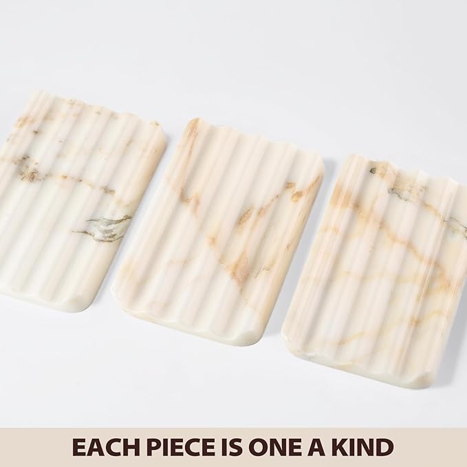 Koville 2PCS Natural Marble Soap Dishes for Shower, Golden Calacatta Marble Soap Dish, Stone Soap Tray for Bathroom, Bar Soap Holder for Sink, Stripe Grooves Saver Keep Bars Dry Easy Clean