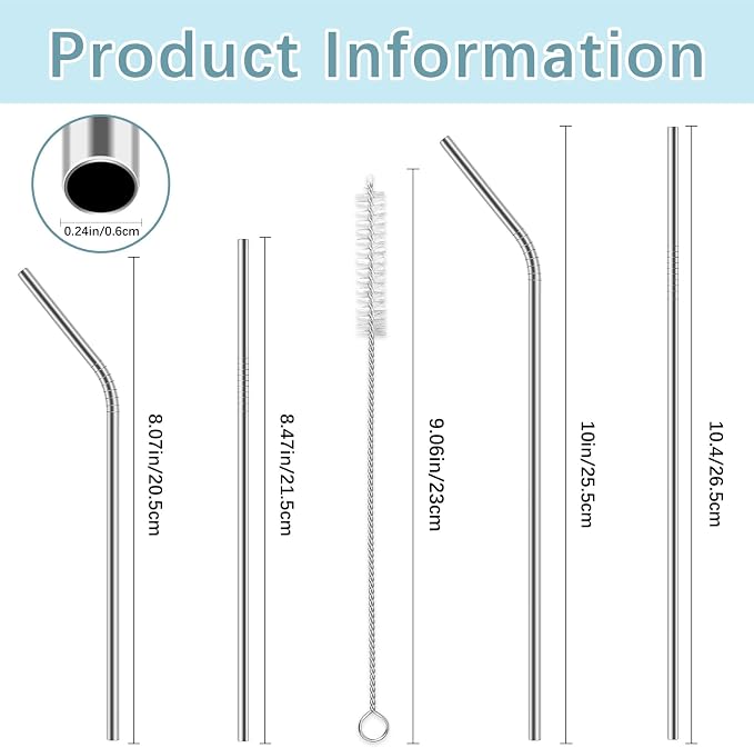 54 Pack metal straws reusable,24 Straight +24 Bent 6 Cleaning Brushes Included,stainless steel straws for 20oz and 30oz Tumblers Dishwasher Safe