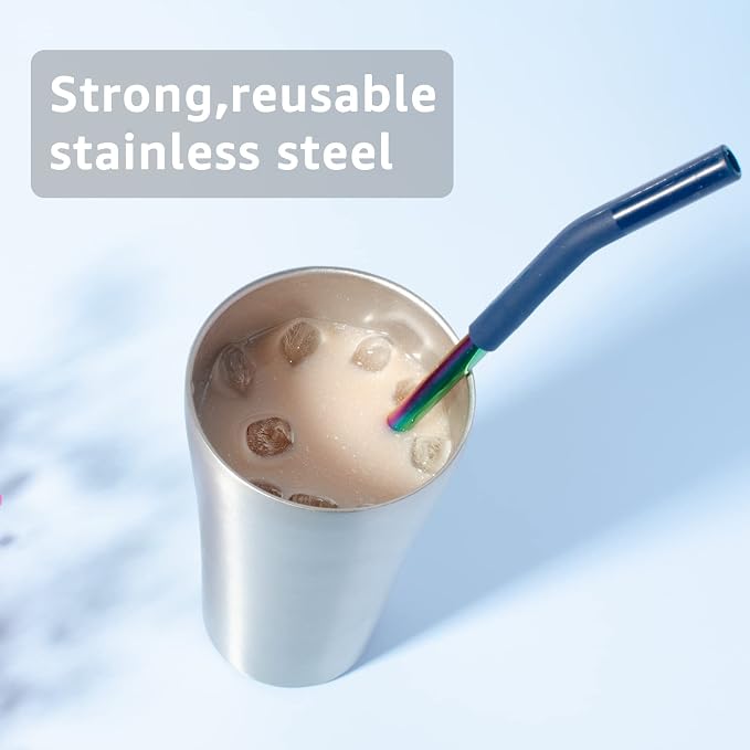 Tronco Set of 6 Stainless Steel Reusable Metal Straws with Silicone Flex Tips Elbows Cover, Metal Drinking Straws for Tronco Tumbler, 6 Steel Straws,6 Silicone Tips,1 Straw Cleaning Brush(Iridescence)