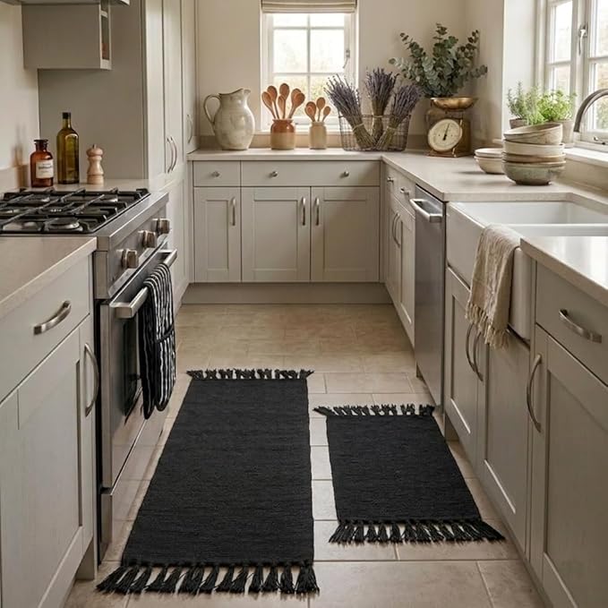 Seavish Black Kitchen Rug Set, 2x3+2x4.3 Boho Cotton Woven Area Rug, Washable Throw Rug Set, Farmhouse Floor Mat for Laundry Room Bedroom Bathroom Restroom Doorway Patio Porch