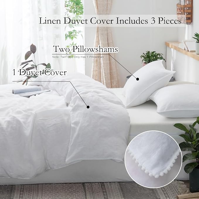 Simple&Opulence 100% Washed Linen Duvet Cover with Pom Pom Trim, Natural French Flax Bedding Set Soft Breathable,1 Farmhouse Boho Comforter Cover and 2 Pillow Shams(Queen,Pure White)