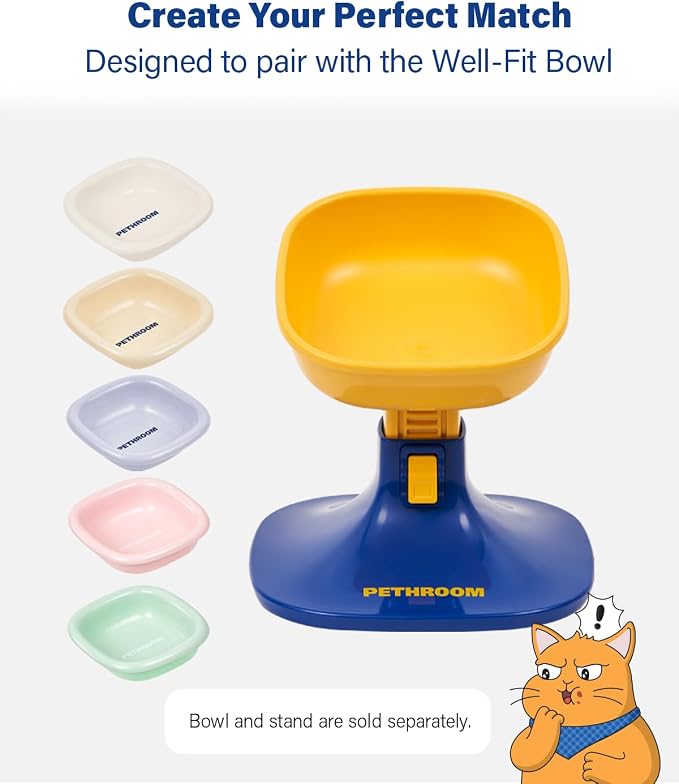 PETHROOM Well Fit Elevated Dog Bowl Stand – Adjustable Height 4.5–7.4 in with 0–22° Tilt, Stable Non-Slip Feeding Stand for Dogs & Cats, Bowl Not Included, Yellow & Blue