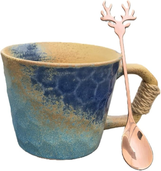 Vintage Ceramic Coffee Mug (with Handle), Handcrafted Lead-Free Ceramic Artistic Latte Cappuccino Espresso Tassee with Coffee Spoon, Coffee Mug, Tea Cup, Milk Tea Cup, 11.8oz/350ml