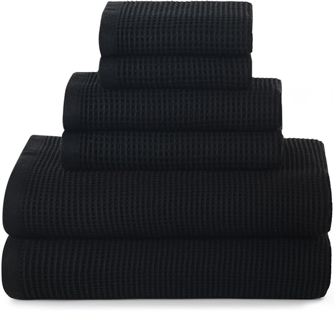ecolook 6-Piece Waffle Weave Towel Set, 100% Cotton, Lightweight, Absorbent & Quick-Drying, 2 Bath Towels (31×63 in), 2 Hand Towels, 2 Washcloths, Lint-Free for Bathroom, Pool, Gym, Travel - Black