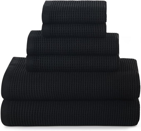 ecolook 6-Piece Waffle Weave Towel Set, 100% Cotton, Lightweight, Absorbent & Quick-Drying, 2 Bath Towels (31×63 in), 2 Hand Towels, 2 Washcloths, Lint-Free for Bathroom, Pool, Gym, Travel - Black