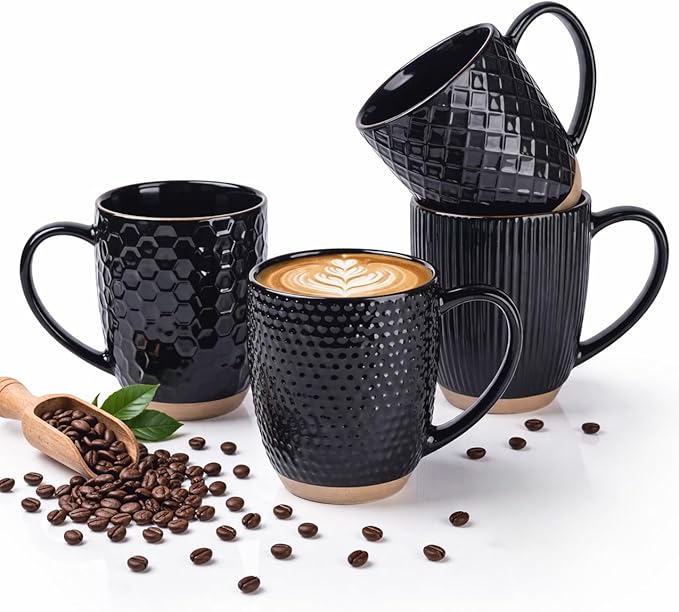 GBhome Large Coffee Mugs Set of 4, 16oz Handmade Embossed Coffee Mugs Set with Large Handle for Cappuccino/Latte/Tea/Hot Cocoa, Dishwasher & Microwave Safe, Black