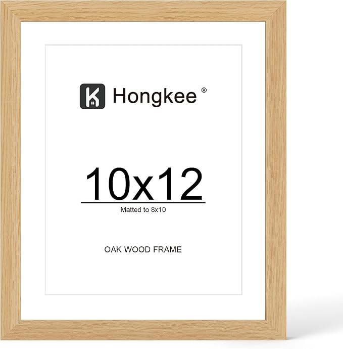 Hongkee 10x12 Oak Wood Picture Frame 1 Pack(Matted 8x10), Real Glass Cover | Natural, 10 x 12 Solid Wood Frame for Wall or Tabletop Display - Includes Easel Back, Vertical Hang - Ideal for Home, Office