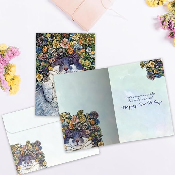 Tree-Free Greetings Flower Cat Birthday Card - 1 Recycled 5x7 Card & Matching Envelope, Thick Cardstock, Made in USA - Vibrant Feline Serenity