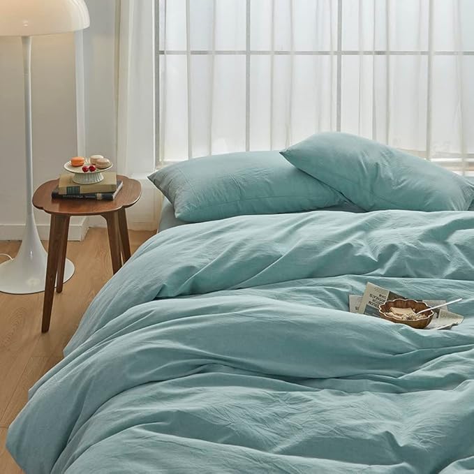 FACE TWO FACE Bedding Duvet Cover Set100% Washed Cotton Duvet Cover Linen Like Textured Breathable Durable Soft Comfy (Queen, Dusty Blue)