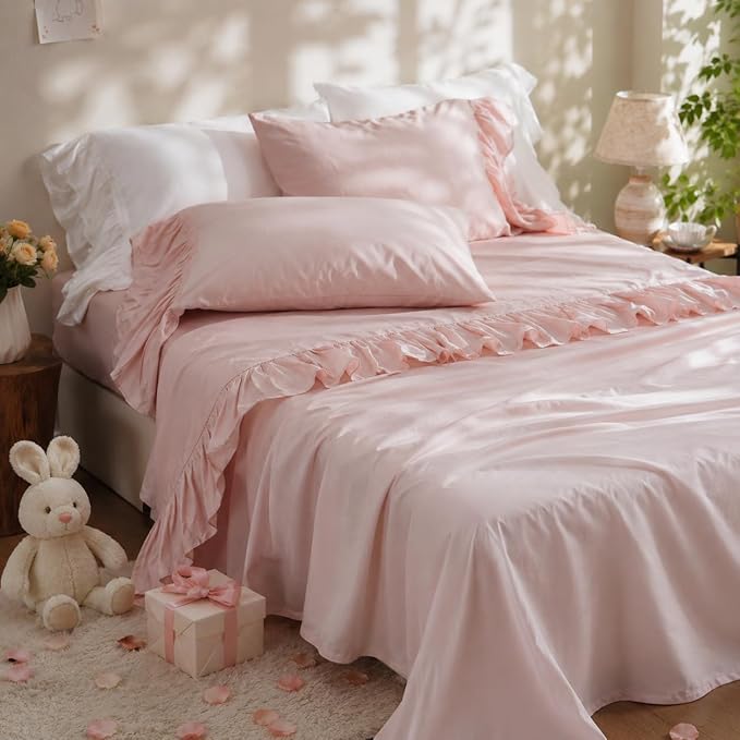Simple&Opulence 100% Organic Cotton Sheet Set, Long Ruffle Bed Sheets (1 Flat Sheet, 1 Fitted Sheet and 1 Pillowcase) Elegant Shabby Chic Bedding Farmhouse Charming Vintage - Pink, Twin