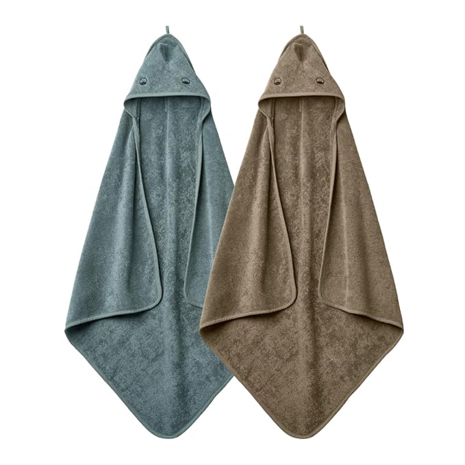 Hooded Baby Towels – 100% Organic Cotton Baby Bath Towels – Baby Boy Newborn Essentials - Super-Soft and Absorbent. (2-Pack Dino Tradewins and Moss Green)