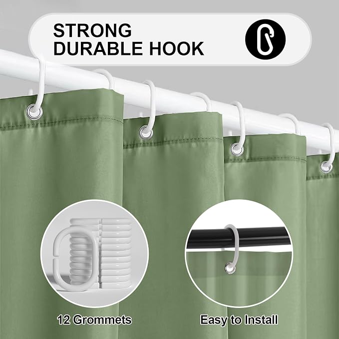 timecity Green Shower Curtain Liner PEVA Bath Curtain with 3 Magnets Thickened Water Proof Quick Drying Shower Curtain Set with 12 White Hooks Plastic Shower Liner for Bathroom Shower,71x71inch