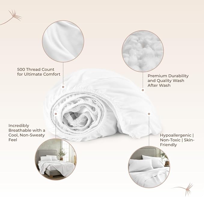 Organic King Fitted Sheet Only Deep Pocket - 100% Organic Cotton Sheets with Soft Breathable 500 Thread Count Sateen Weave GOTS & Fairtrade Certified - Fitted Bed Sheets Only (White, King)