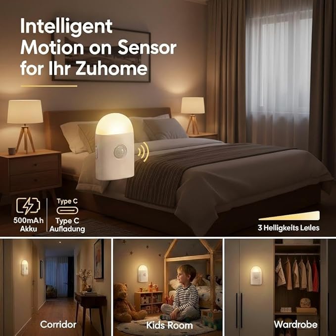 Motion Sensor LED Night Light,Warm White 3 Levels Dimmable Rechargeable Battery,Stick-On & Hook Mount Wireless Closet Light for Cabinet,Wardrobe,Stairs,Hallway,Bathroom,Bedroom,Camping(1 Pack)