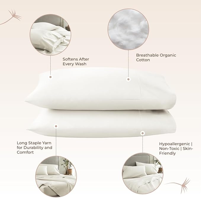 100% Organic Cotton Pillow Cases Queen Size Set of 2-100% Cotton Pillowcases GOTS Certified 300 Thread Count - Naturally Cooling Comfortable Breathable & Soft Pillow Cases (Natural, Queen)