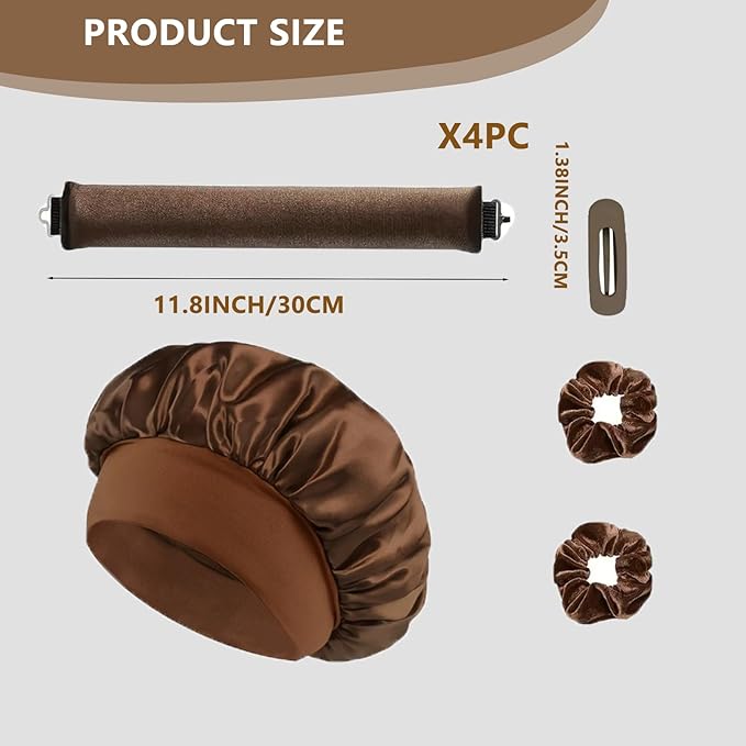 Heatless Curls Overnight Hair Curlers - 4 Pcs No-Heat Curling Rod to Sleep In and Shower Cap,Velvet Hair Rollers with Satin Wrap