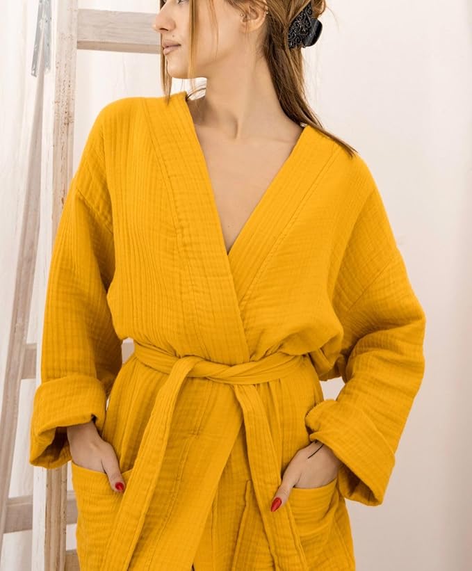 100% Cotton Muslin Kimono Robe for Women, Lightweight Gauze Bathrobe, Soft Breathable Spa Robe