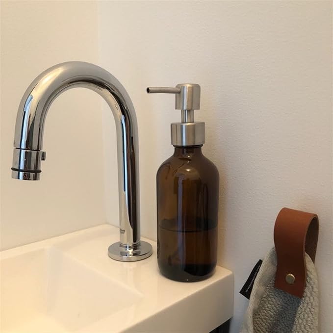 moisture Soap Dispenser Set Soap Dispenser with Stainless Steel Pump, Amber Glass Round Lotion Bottle Can Be Filled with Soap Dispenser (2 Pieces) Home Soap Dispenser (Color : A)