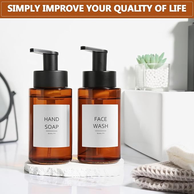 RYTOXILO Amber Foam Soap Dispenser, 10 oz/300ml Glass Foaming Soap Dispenser, 2 Pcs Foaming Hand Dispenser for Bathroom & Kitchen, Refillable Bottle with Waterproof Labels