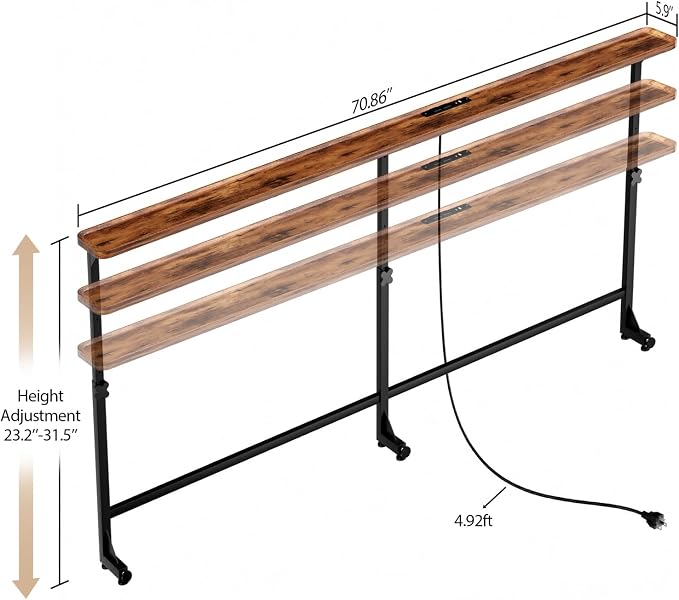 Faesun 70.9 Inch Vacuum Forming Behind Couch Table, 24"-32" Adjustable Height Range, Behind The Couch Table with Outlet, Adjustable Console Table, Narrow Long Sofa Table, for Living Room, Brown