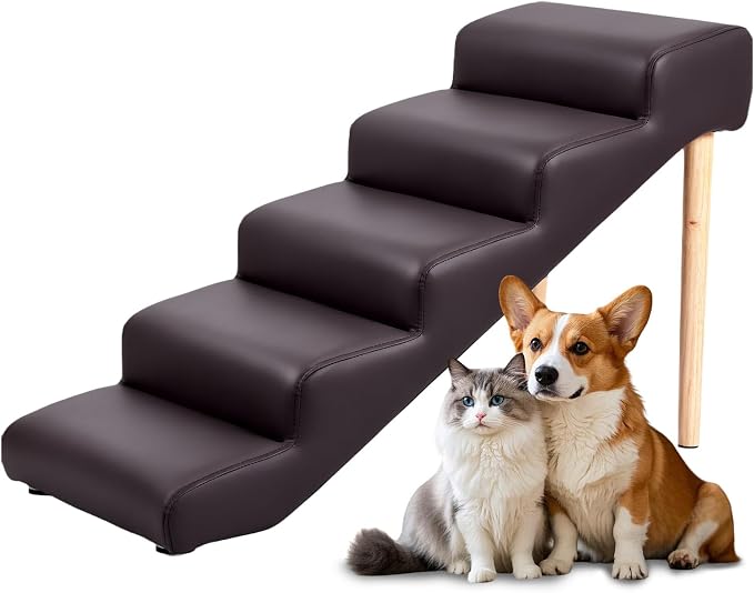 5-Step 23.6" H Dog Stairs for Bed Couch, Waterproof & Scratch PU Leather Pet Steps for Senior Large Dogs and Cats, Dog Ramp with 220 lbs Maximum, Oak Leg & Solid Wood, Non-Slip Feet,Brown