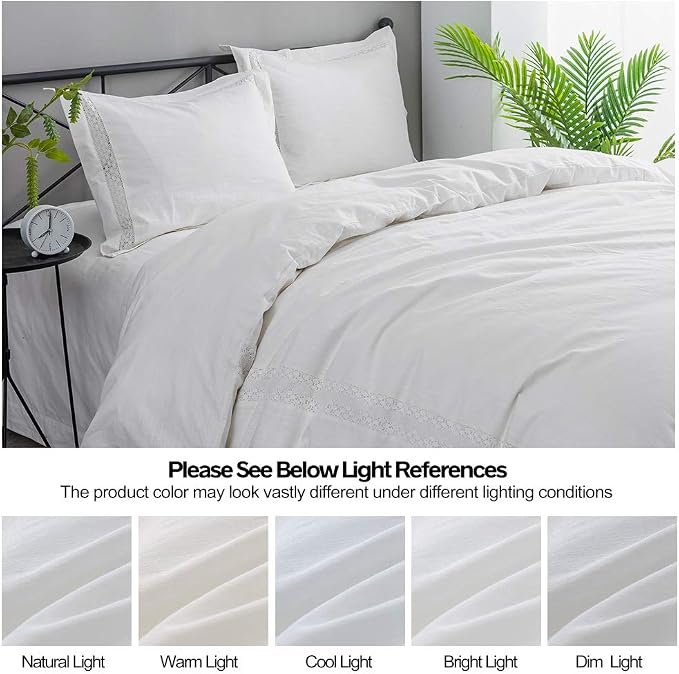 BISELINA Linen Duvet Cover Set 2pcs French Vintage Crocheted Lace Flax Cotton Blend Solid Color Shabby Chic Boho Luxury Farmhouse Bedding (Twin, Lace White)