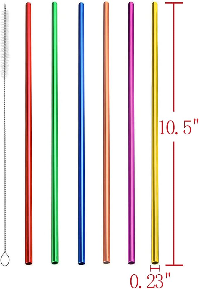 6Pcs Reusable Metal Straws, Drinking Straws, Aluminum Straws, Smoothies Straws, Wide Straws, Rainbow Colorful Straws for Party, Included a Cleaning Brush