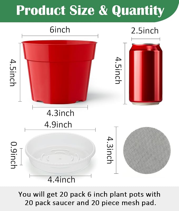 RooTrimmer 20 Pack 6 Inch Plant Pots, Thickened Plastic Flower Pots with 20 Pcs Water Collecting Trays, 20 Soil Block Mesh Pads, Red